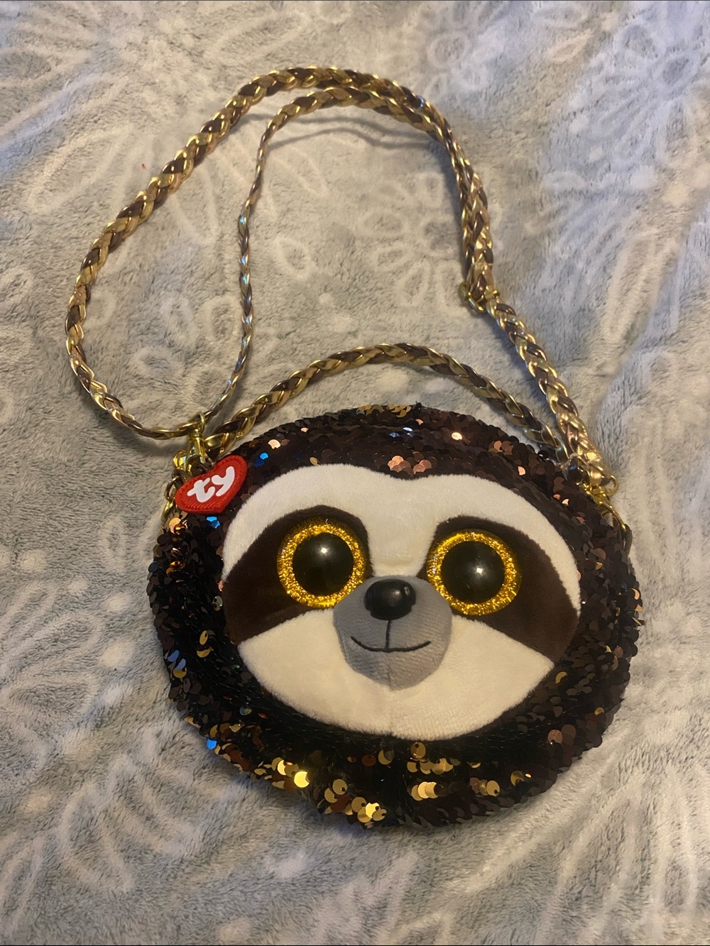 Ty Sequin Sloth Crossbody Bag in Brown and Gold
